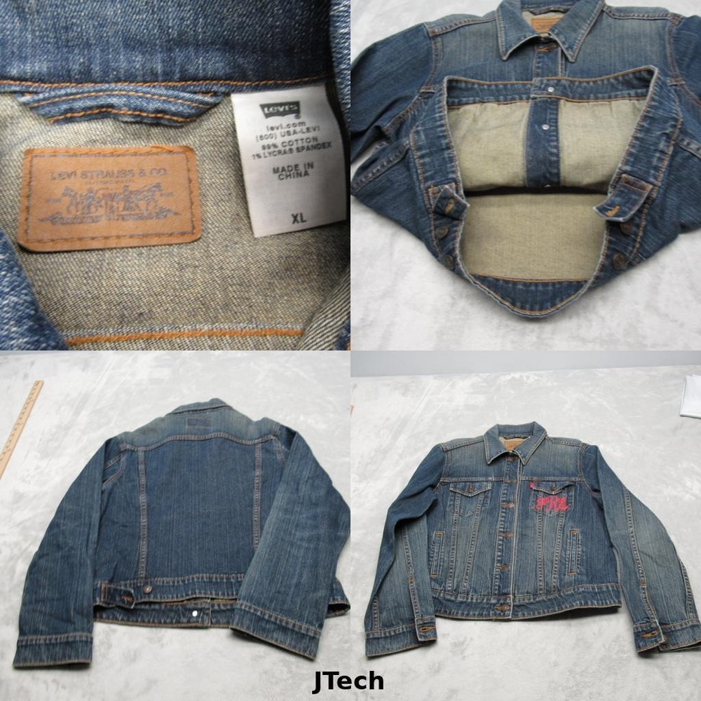 Levis‎ Denim Jacket Womens XL Denim Pockets Custom Embroidered JRE Logo Trucker